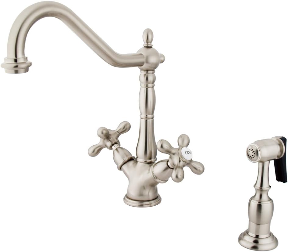Kingston Brass Nuvo Elements of Design ES1238AXBS New Orleans 2-Handle Deck Mount Kitchen Faucet with Brass Sprayer, 8- 1/2', Satin Nickel