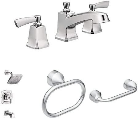 Moen 84926 Conway Two-Handle Widespread Bathroom Sink Faucet with Valve Included, Chrome + Moen 82922 Conway Posi-Temp Tub and Shower with Valve Included + Hand Towel Ring + Toilet Paper Holder