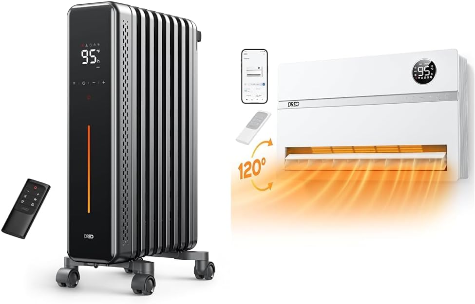 Dreo 1500W Oil Filled Radiator Heater & 1500W 120° Oscillating Wall Mount Electric Space Heater Bundle