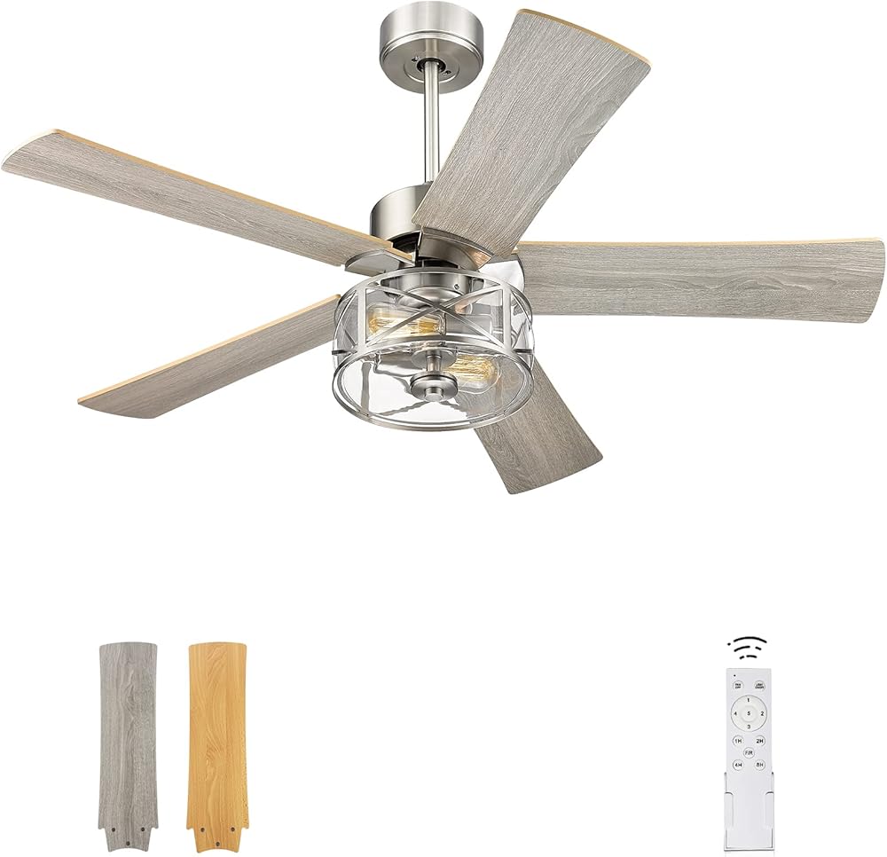 YOUKAIN Farmhouse Ceiling Fans, 48 Inch Industrial Ceiling Fan with Light and Remote Control, Clear Glass, 5-Reversible Blades with Gray Oak/Burlywood Finish, 52-YJ632-BN