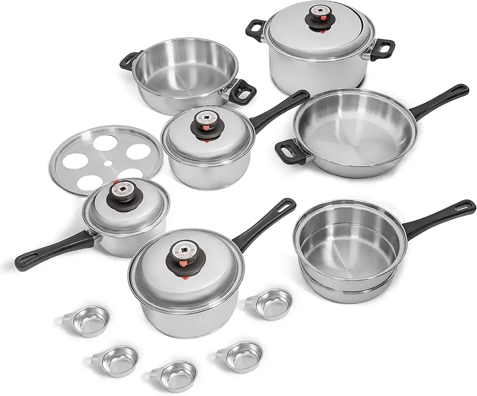 Maxam 9-Element Waterless Cookware Set, Durable Stainless Steel Construction with Heat and Cold Resistant Handles, 17-Pieces