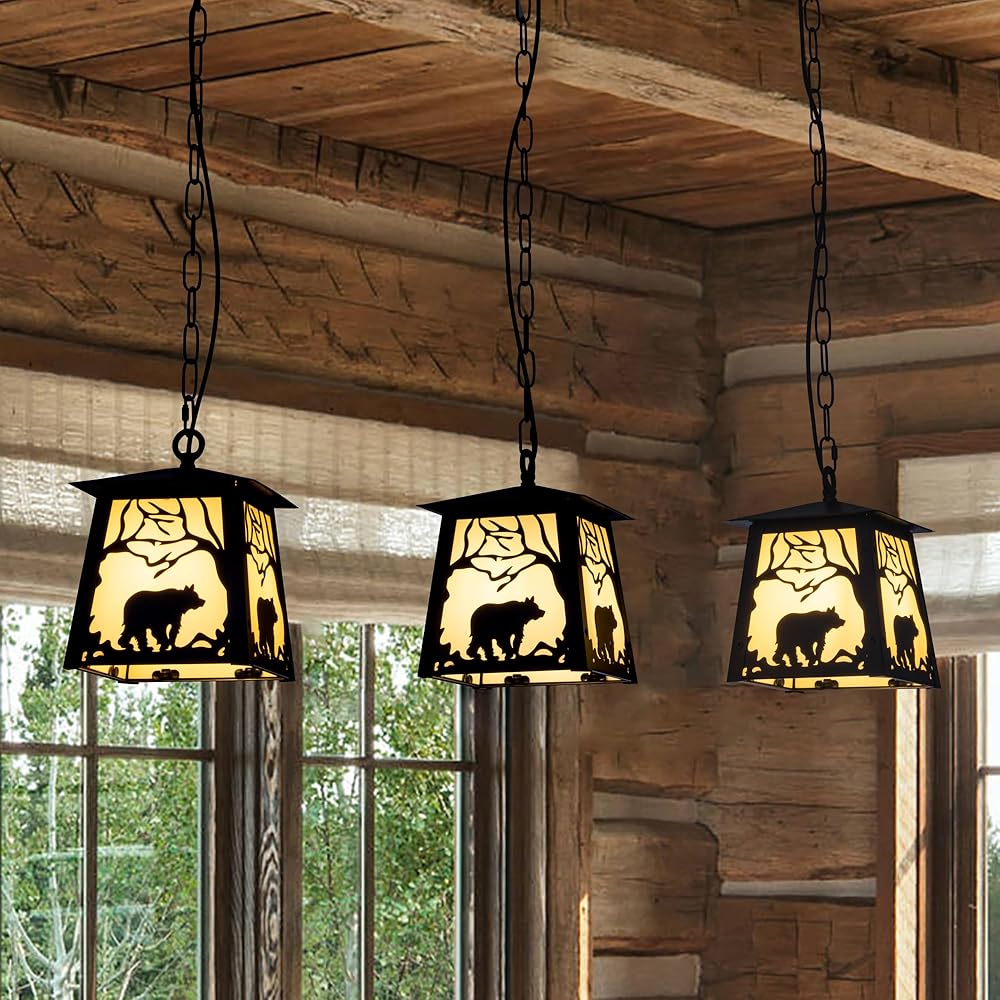 Wellmet 3-Light Kitchen Chandeliers over Table, Rustic Bear Chandelier for Dining Room, Cabin, Bar, Country, Farmhouse Linear Cluster Hanging Pendant Light Fixture, Wild West Style