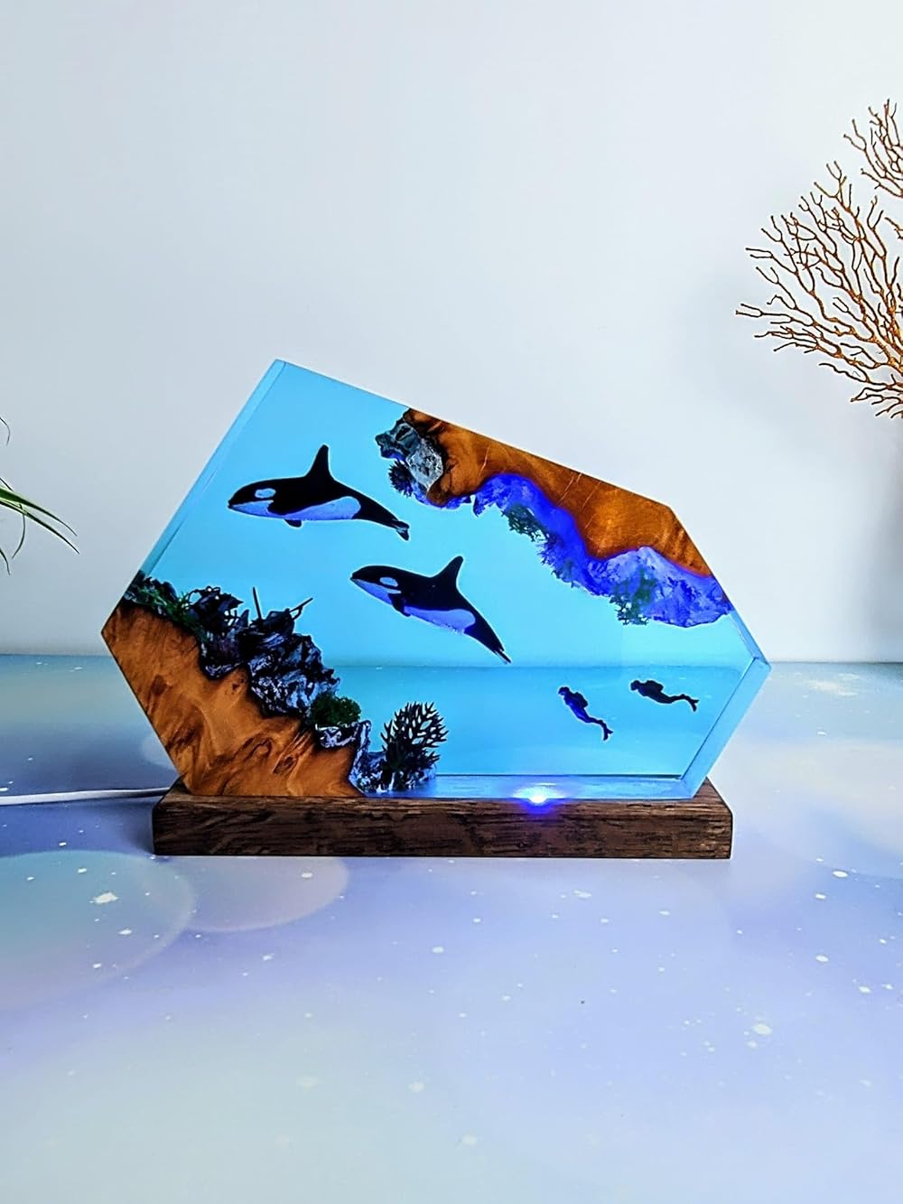 Cave Orca and Diver Resin Ornament Wood Lamp, Decorations Marine Art Night Light Desk Lamp, Ocean Theme Diorama, Orca Lamp Decoration, Ocean Lamp, Diver Lamp (8x12 inch)
