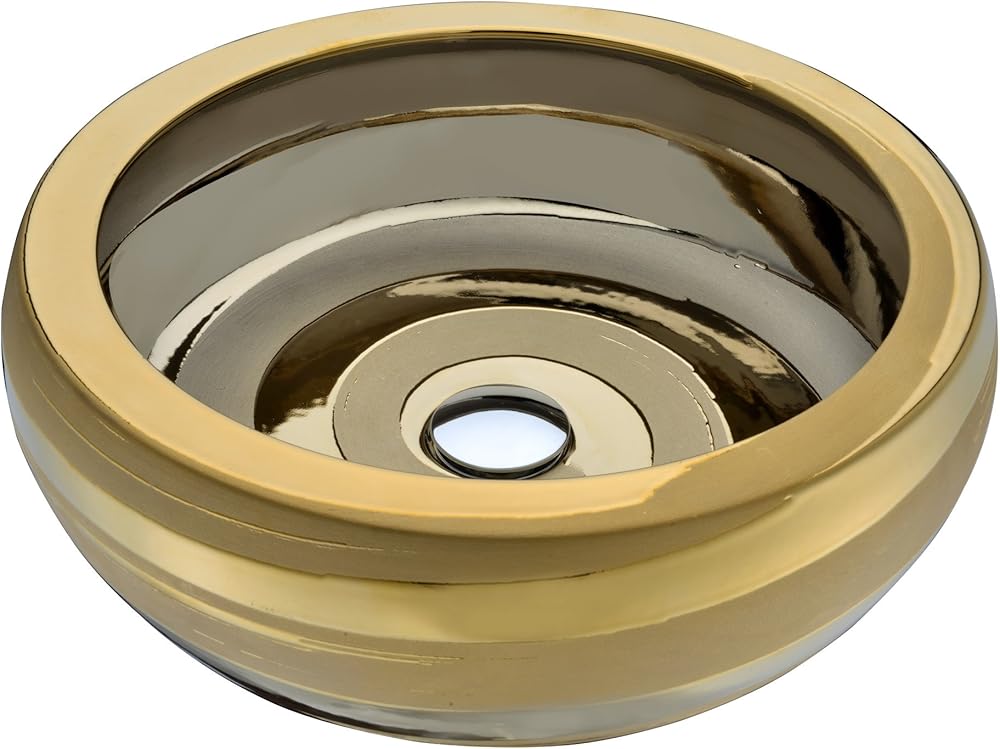 ANZZI Regalla Modern Tempered Glass Vessel Bowl Sink in Stunning Smoothed Gold, Gold Top Mount Bathroom Sinks Above Counter, Round Vanity Countertop Sink Bowl with Pop Up Drain, LS-AZ181