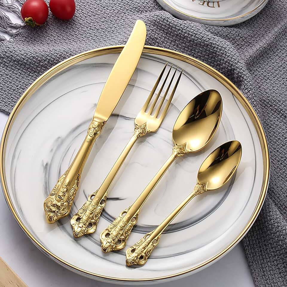 Retro Royal Silverware Silver Flatware Set for 12 Stainless Stainless Forks Spoons Knives 48 Pieces Dinnerware Set Kitchen Utensils Restaurant Home Wedding, Party Durable Mirror Finish