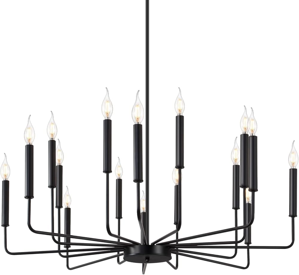 Farmhouse Black Chandelier for Dining Room, 16-Light Modern Candle Chandelier Light Fixture, Rustic Industrial Hanging Chandeliers Lighting for Living Room, Kitchen, Staircase, Entryway