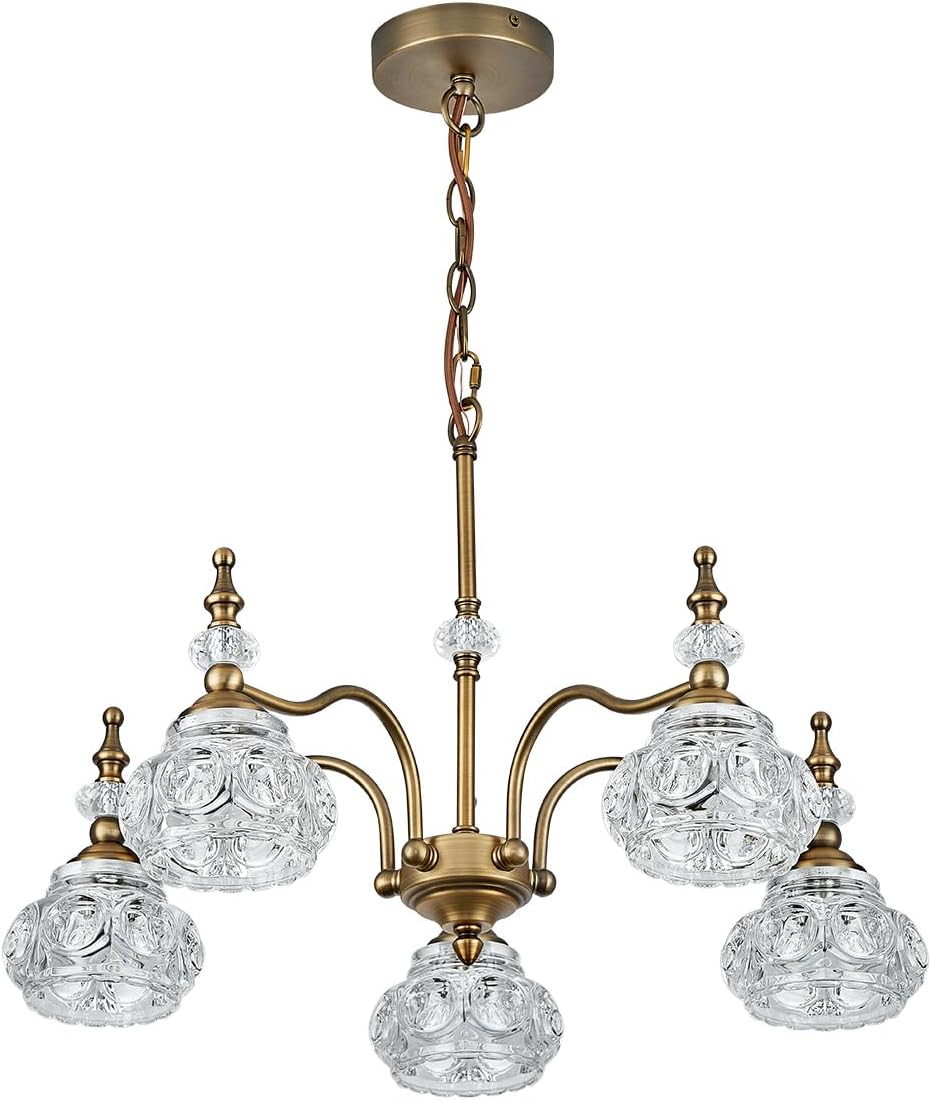 Vintage 5 Lights Gold Glass Pendant Lighting Rustic Style Chandelier Matte Brushed Antique Brass Finish with Crystal Glass Shade for Kitchen Island