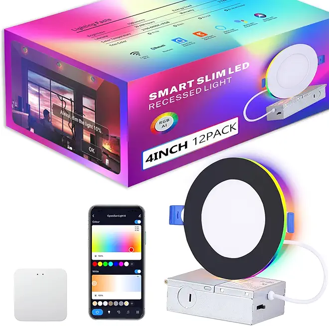 12 Pack Smart Recessed Lighting 4 Inch Black with RGB Color Changing & 2700-6000K, 2.4GHz WiFi Bluetooth Fast Link, Work with App/Alexa/Google Assistant/Siri, Include 1 Gateway