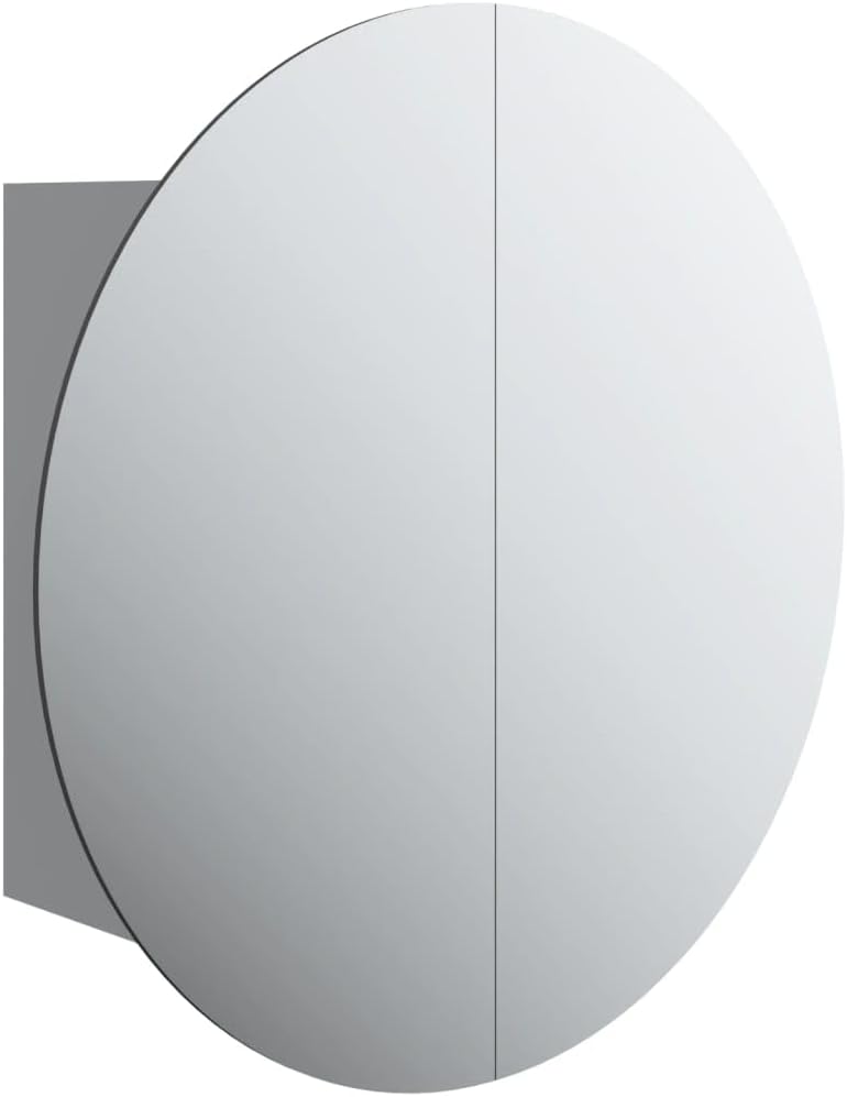 vidaXL Bathroom Cabinet – Modern Wall-Mounted Storage Organizer with LED Lights and Round Mirror, Gray Engineered Wood, 15.7