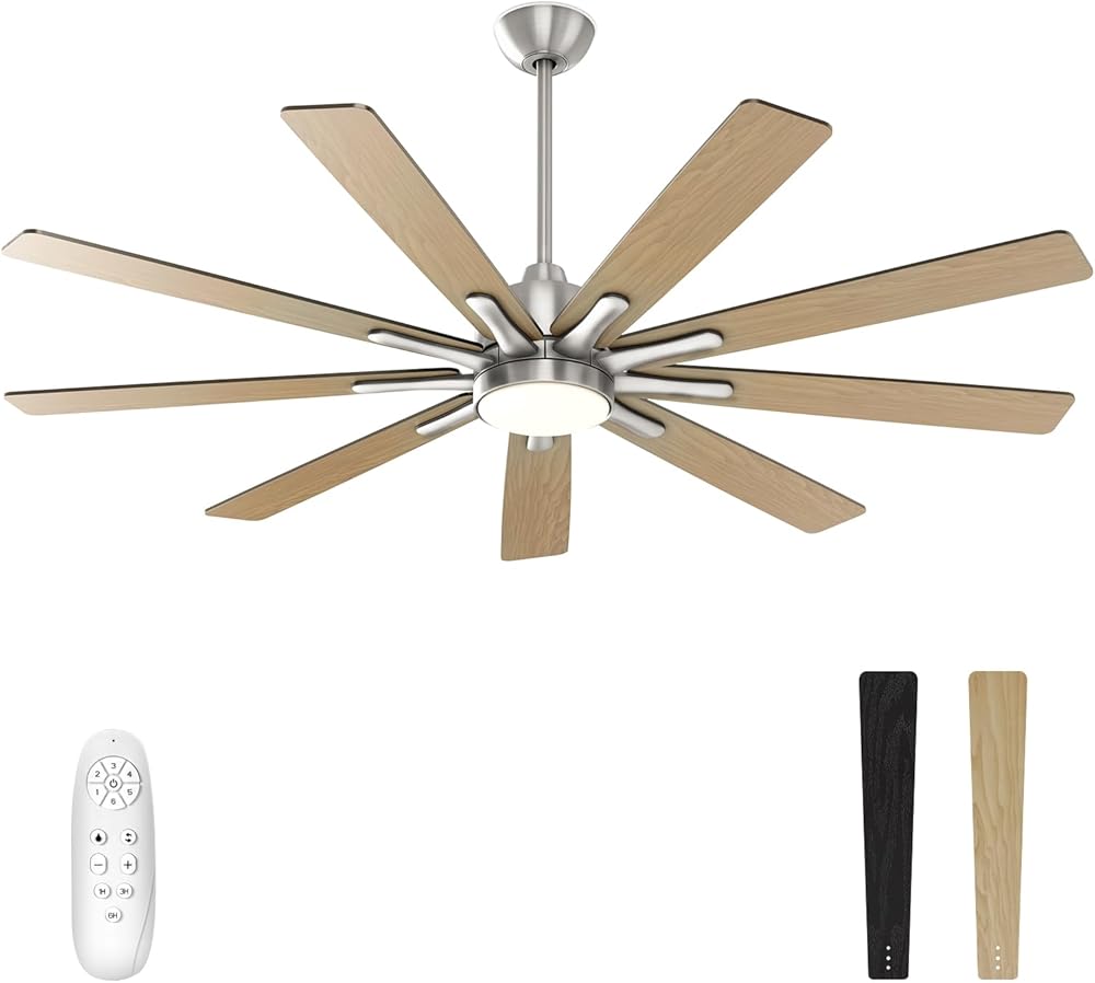 warmiplanet Ceiling Fan with Lights Remote Control, 62-Inch, Silent DC Motor, 6 Speed, Dimmable LED Light, Nickel, 9-Blades