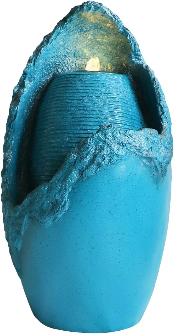 Outdoor Freestanding Fountains with Built-in LED Light Pump Outdoor Contemporary Glazed Contoured Vase for Outdoor Indoor Patio Garden Backyard Decking Home Décor, 27.5“H,Blue