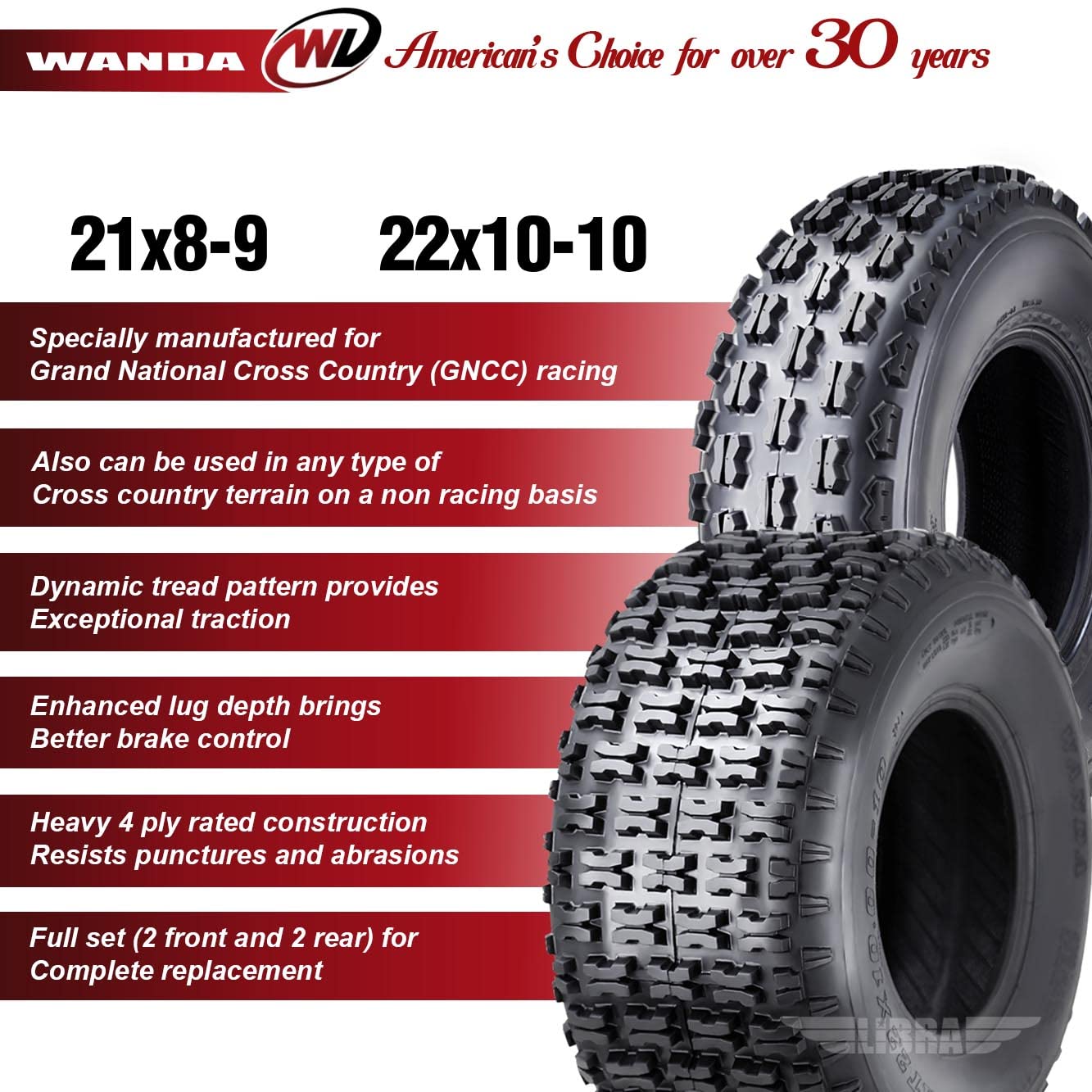 WANDA Full Set Sport ATV tires 21x8-9 & 22x10-10 for 03-11 Kawasaki BAYOU 250
