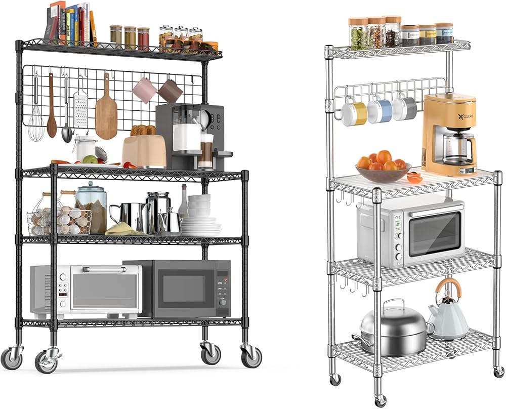 Bakers Rack for Kitchen with Storage, NSF Certified 4-Tier Adjustable Coffee Bar with Wheels Microwave Stand Kitchen Storage Shelf Metal Storage Rack, Chrome & Black