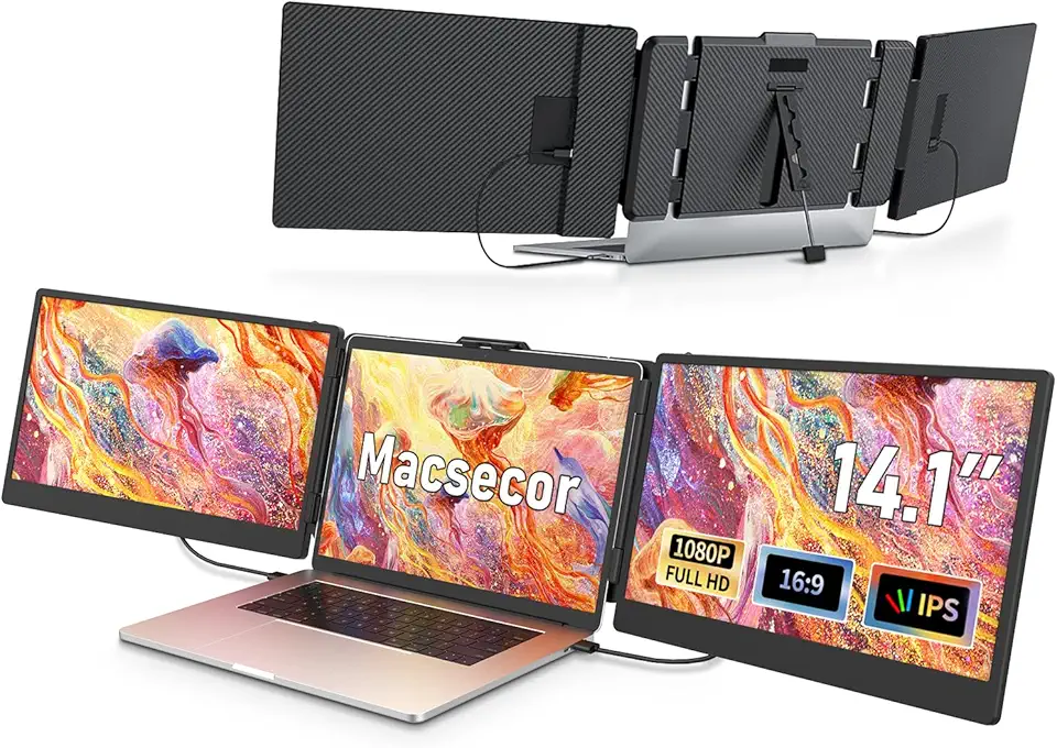 14.1'' Laptop Screen Extender, 1080P FHD Triple Portable Monitor for Laptop USB C HDMI, Plug-Play Laptop Monitor Extender for 13''-17'' Laptops, for Mac/Wins/Android/Switch