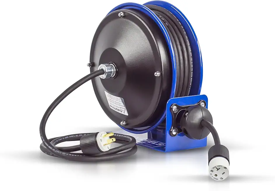 PC10-3012-A Compact Power Cord Reel, PC10 Series 12/3 x 30’ Single INDL - Space-Saving Design with Easy-Access Cover and Spring Motor - Heavy-Duty Steel Construction, Made in the USA, Blue