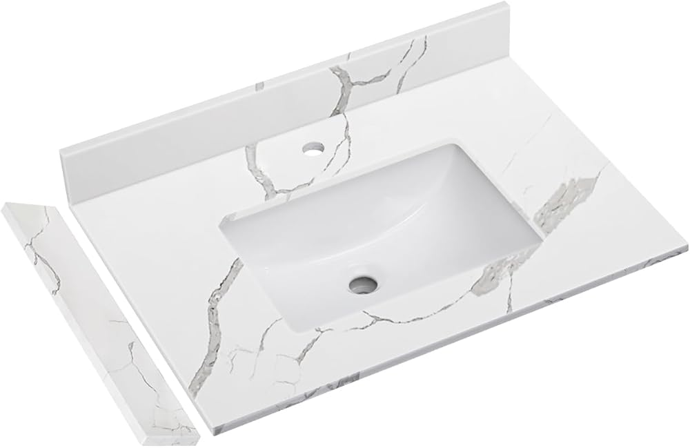 30 in.W x 22 in.D Quartz Calacatta River Vanity Top,with Undermount Middle Sink Vanity Top,with One Sidesplash & One Backsplash,Single Faucet Hole Spread Bathroom Vanity Sink Countertop