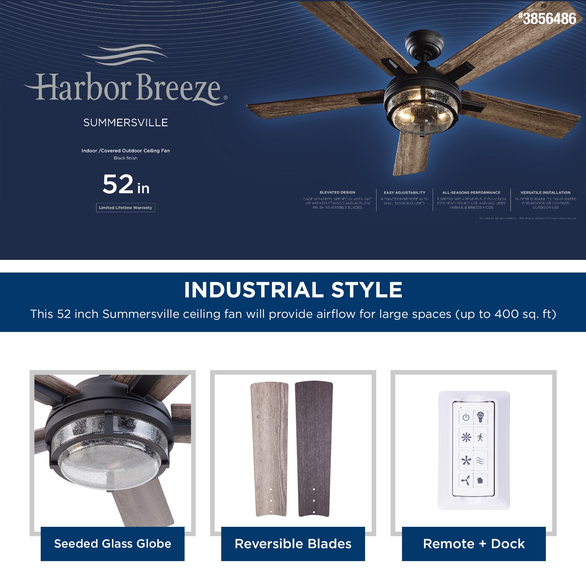 Harbor Breeze Summersville 52-in Textured Black Indoor/Outdoor Ceiling Fan with Light and Remote (5-Blade)