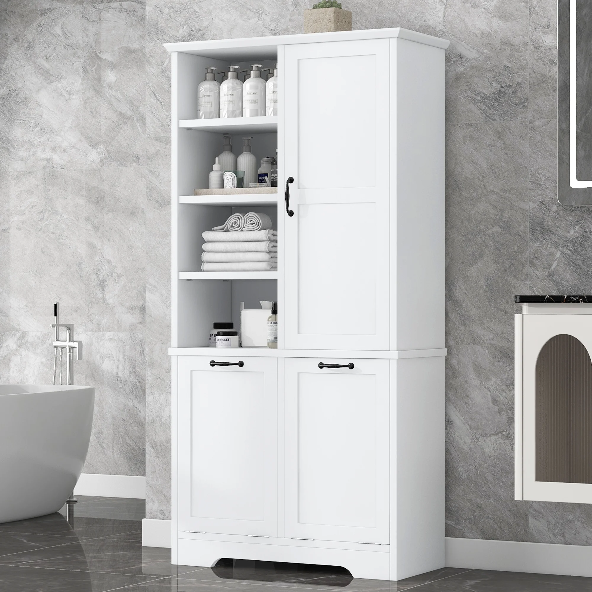 MDF Bathroom Storage Cabinet Freestanding Tilt-Out Hamper Adjustable Shelves Laundry Baskets Contemporary Design - White