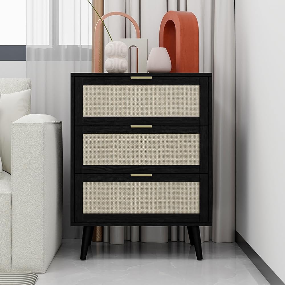 Drawer Chest Cabinets Wood Storage Cabinets with Handles 3 Drawers Chest Modern Nightstands Organizer Dresser for Dining Room Living Room Entryway Hallway Kitchen Black