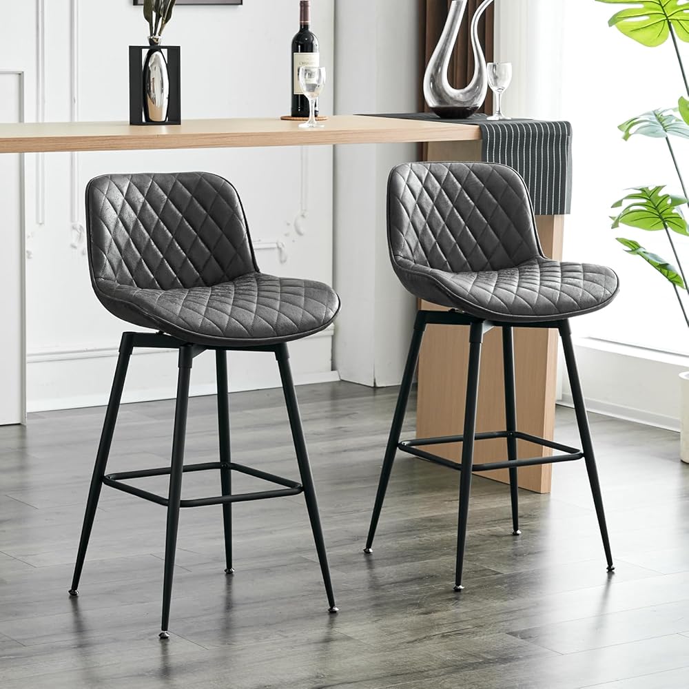 26” Bar Stools Set of 2, 360° Swivel Counter Bar Stool with Back, Mid-Century Modern, Suede Fabric Barstool Chair for Kitchen Island, Bar Counter (Rhomb/Black Grey)
