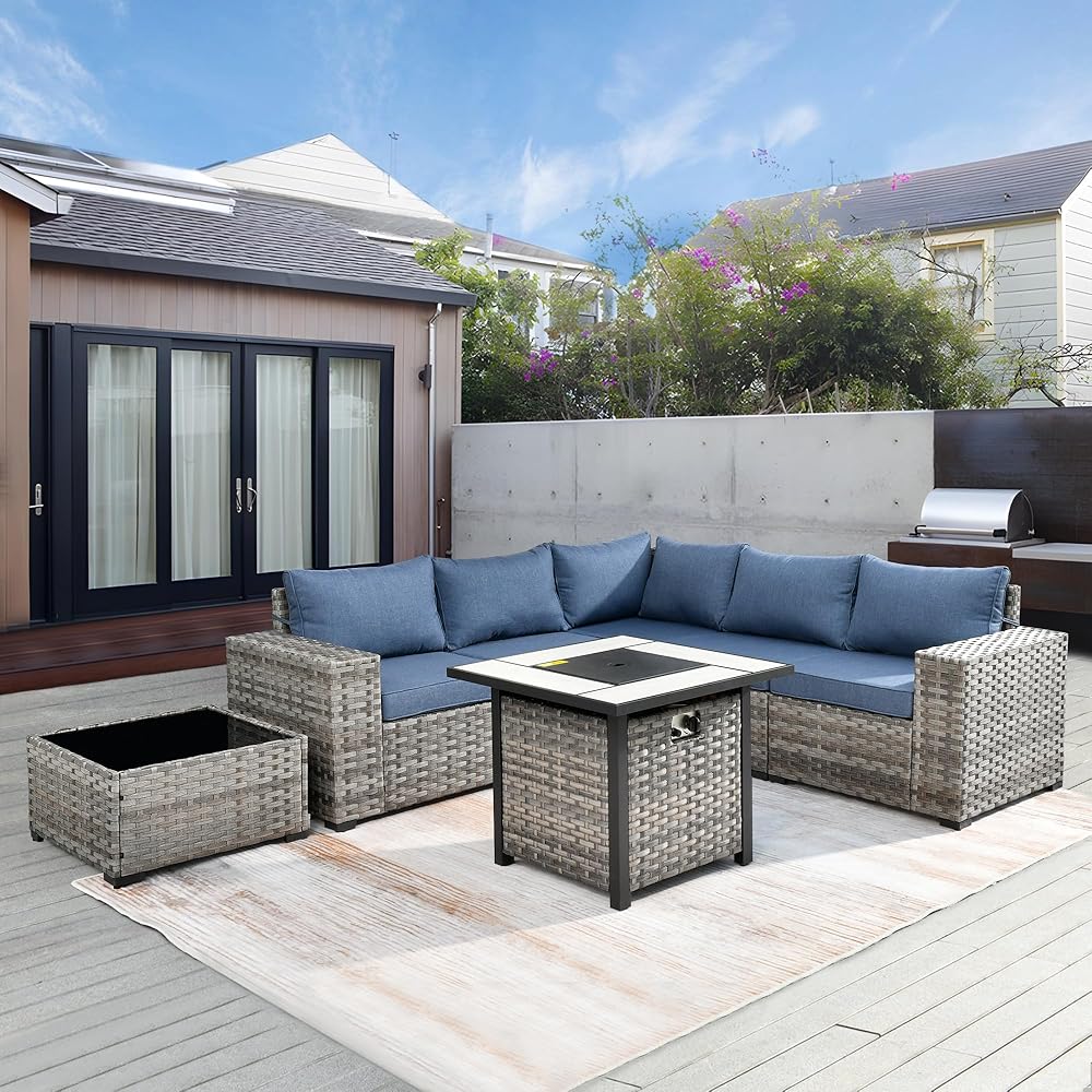 Wicker Outdoor Furniture Set,Patio Sectional Sofa Set with Wide Armrest and Deep Seat,Rattan Modular Conversation Set for Backyard Deck Garden (Denim Blue, 7 Pieces Set)