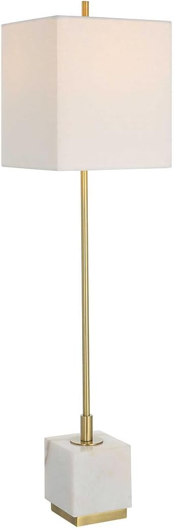 MY SWANKY HOME Slim Brass Gold White Buffet Table Lamp Marble Square 37 in x 9 Contemporary