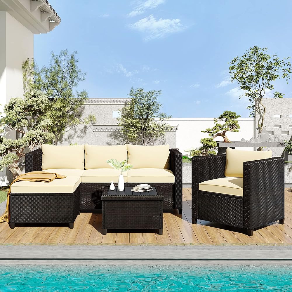 U_Style Outdoor, Patio Furniture Sets, 5 Piece Conversation Set Wicker Rattan Sectional Sofa with Seat Cushions