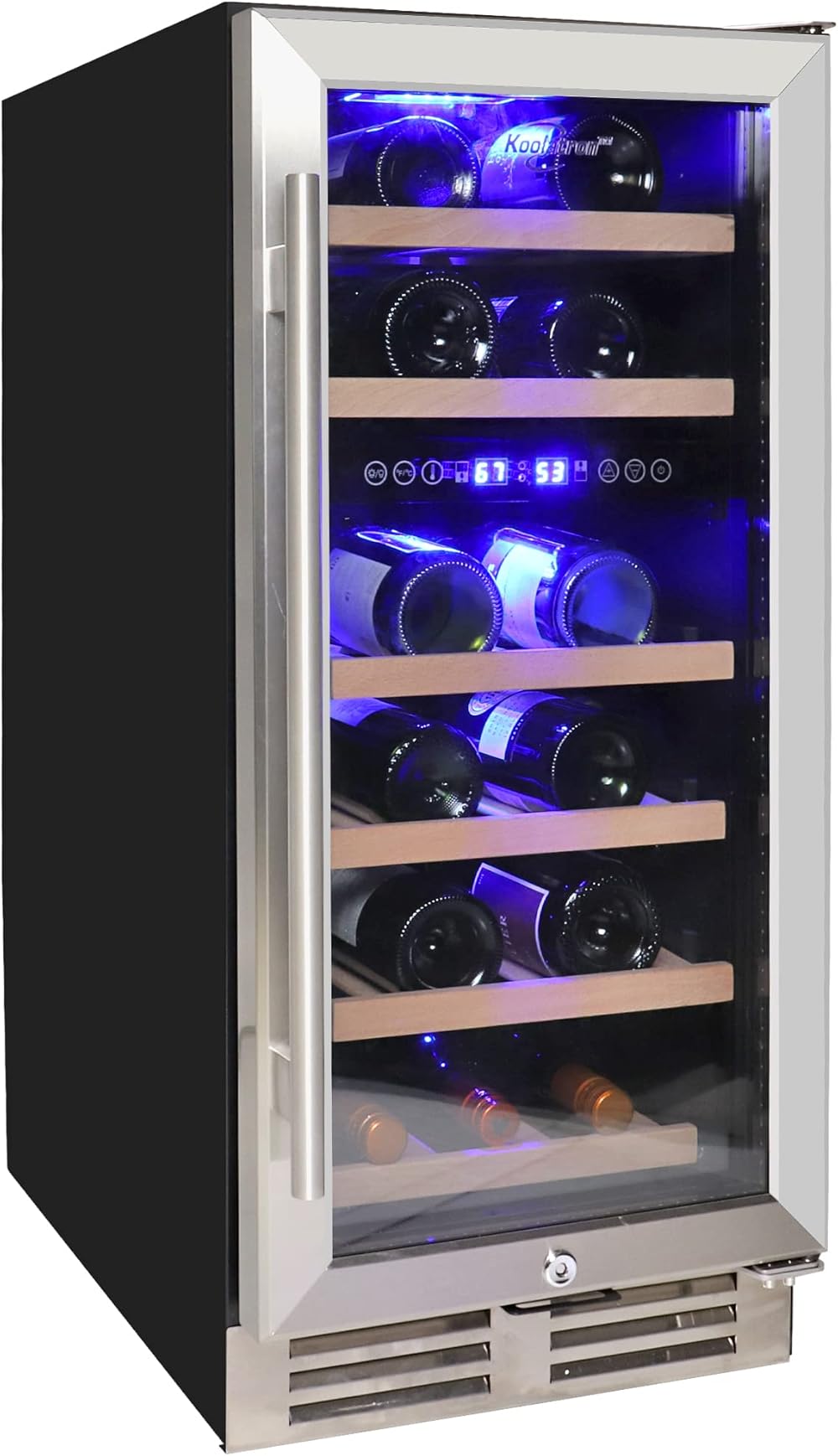 Koolatron 28 Bottle Dual Zone 15-Inch Under Counter Wine Cooler w/Lock, Front-Venting Built-In or Freestanding Beverage Fridge, Stainless Steel Door Frame, UV Protective Glass, Beechwood Bottle Racks