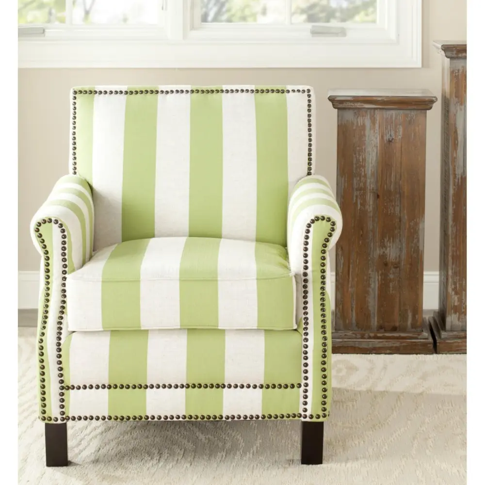 SAFAVIEH Easton Club Chair With Stripes Brass Nail Head Green / White
