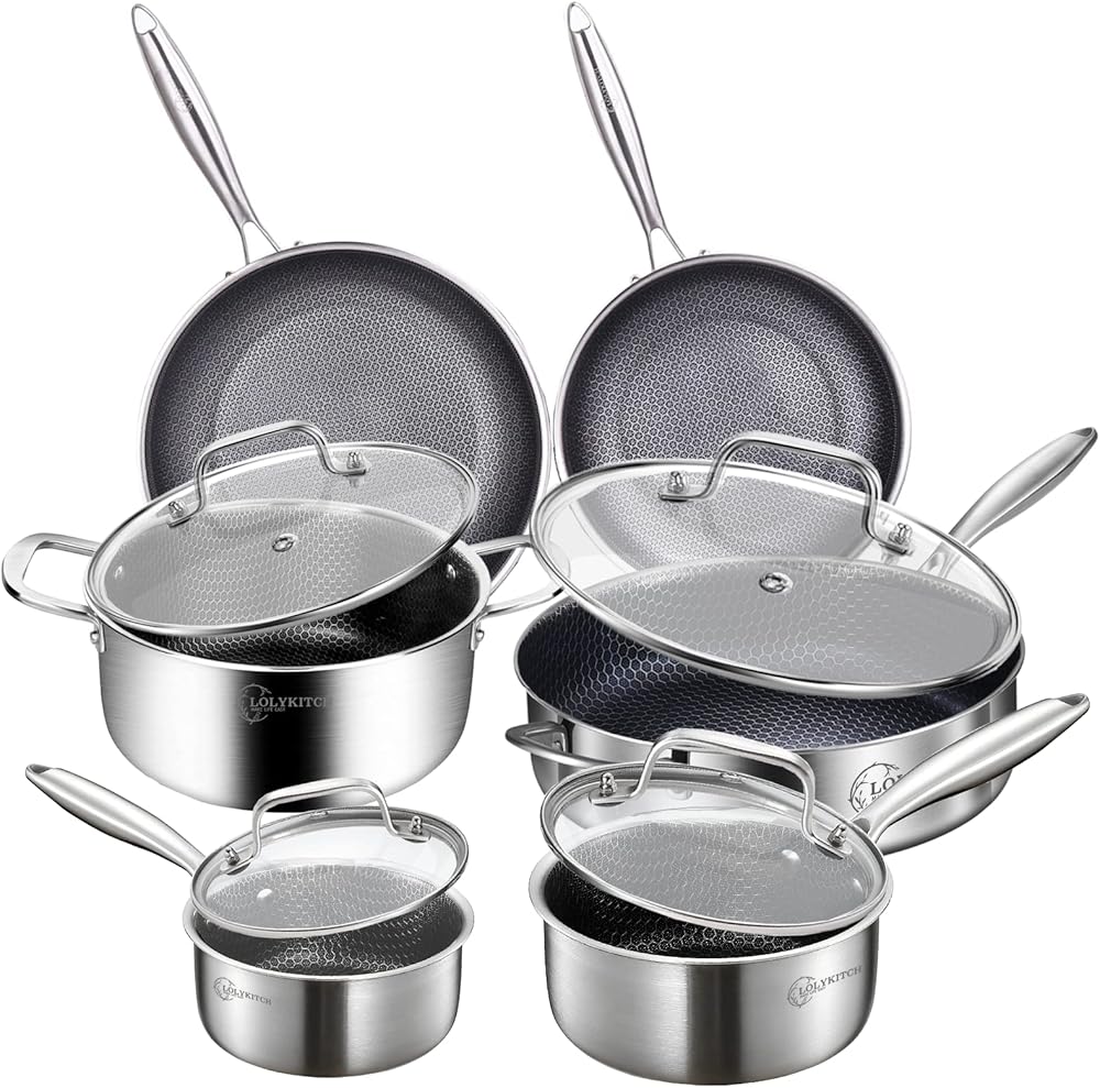 10 Piece Kitchen Cookware Set,Hybrid Tri-ply Stainless Steel Pots and Pans Set,Induction Cookware,Heavy Duty and Oven Safe.