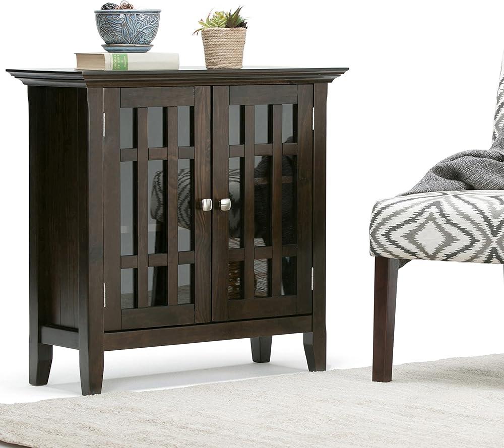 SIMPLIHOME Bedford SOLID WOOD 32 inch Wide Rustic Low Storage Media Cabinet in Dark Tobacco Brown, with 2 Tempered Glass Doors, 2 Adjustable Shelves