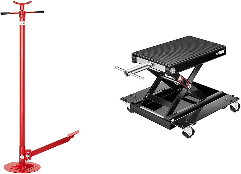 SPECSTAR Under Hoist Support Stand with Foot Pedal 3/4 Ton 1650 Lbs Capacity with VIVOHOME 1100 Lbs Steel Wide Deck Motorcycle Lift ATV Scissor Lift Jack with Dolly and Hand Crank Black