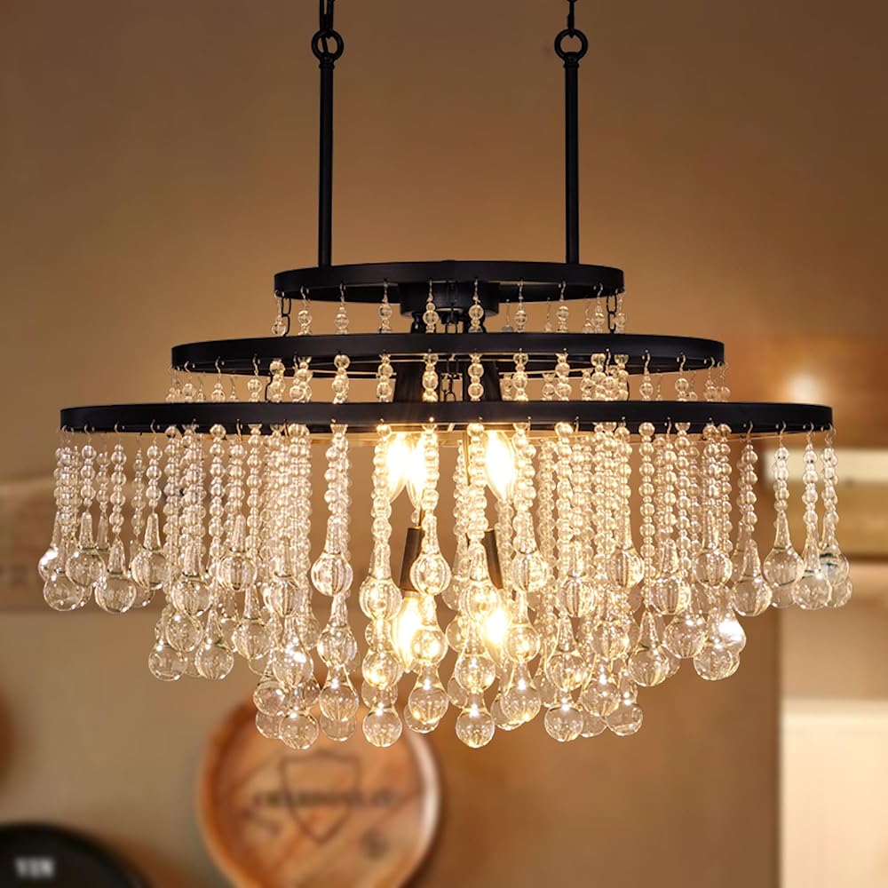 Wellmet Black Crystal Chandeliers, 6 Lights Rectangular Luxury Ceiling Hanging Lighting, Modern Farmhouse Pendant Light Fixture for Kitchen Island, Living Room, Dining Room, L-30