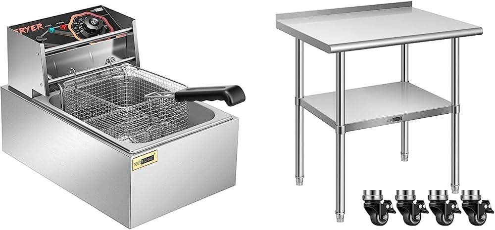 VIVOHOME 2500W 10.6 QT Electric Deep Fryer with 6.3 QT Removable Basket with VIVOHOME 24 x 30 Inch Stainless Steel Work Table with Backsplash, Food Prep Commercial Table with Wheels