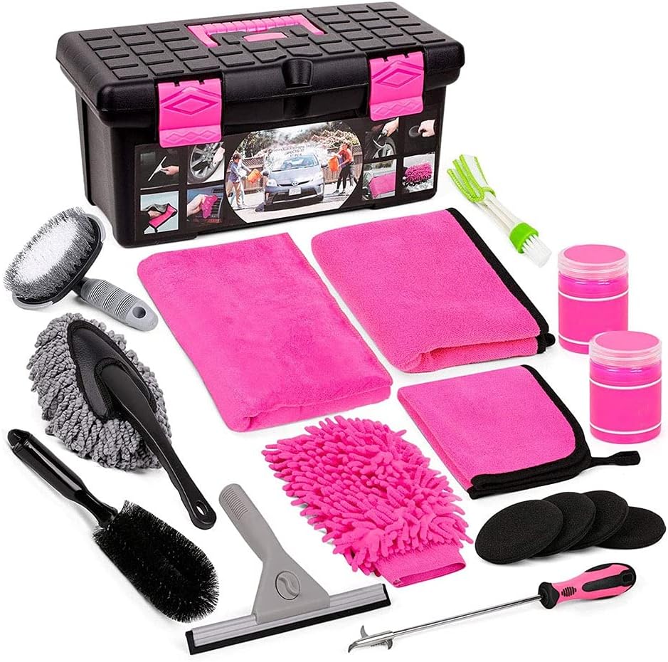 Car Wash Cleaning Tools Set Gloves Towels Applicator Pads Sponge Car Care Kit Wheel Brush Cleaning Tools Kit with Storage Box Black Grey Pink Handle