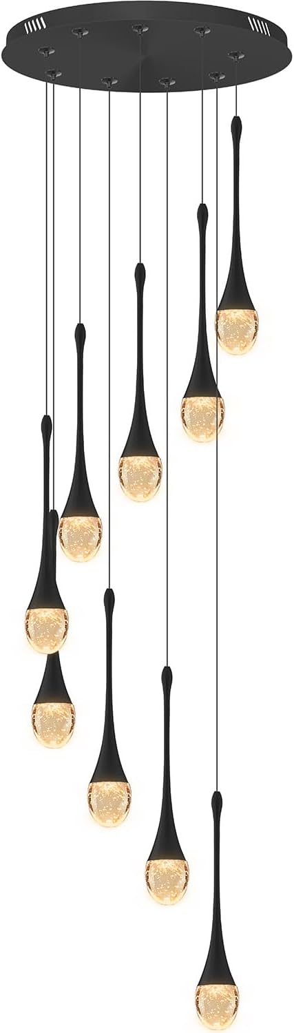 9-Lights Black Pendant Chandliers 100'' High Staircase Ceiling Chandeliers Crystal Bubble Raindrop Lighting Chandelier Ceiling Living Room Dimmable 2700-6000k LED Dining Lighting