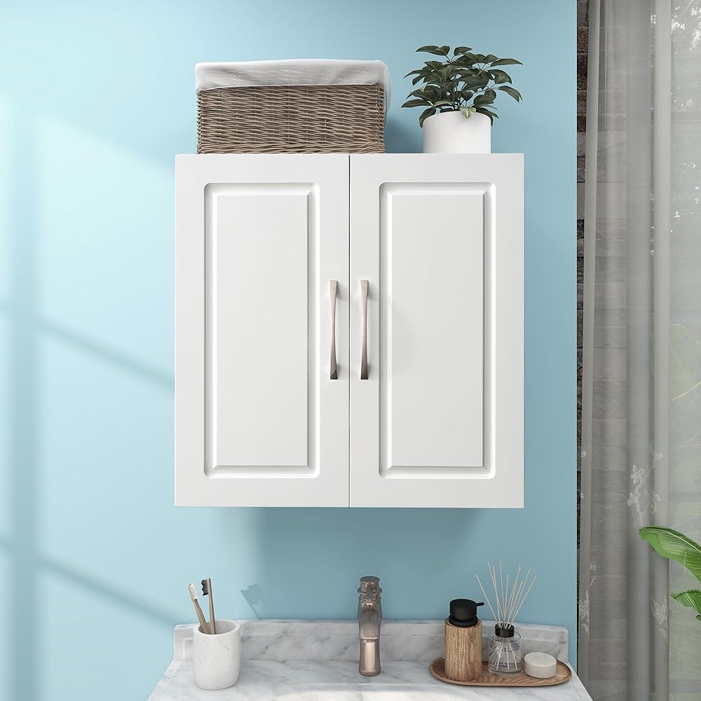 White Storage Cabinets, Bathroom Wall Cabinet Laundry Room Cupboard Over Toilet Space Storage Cabinet, Medicine Cabinet for Bathroom Kitchen with 2 Door and Adjustable Shelf