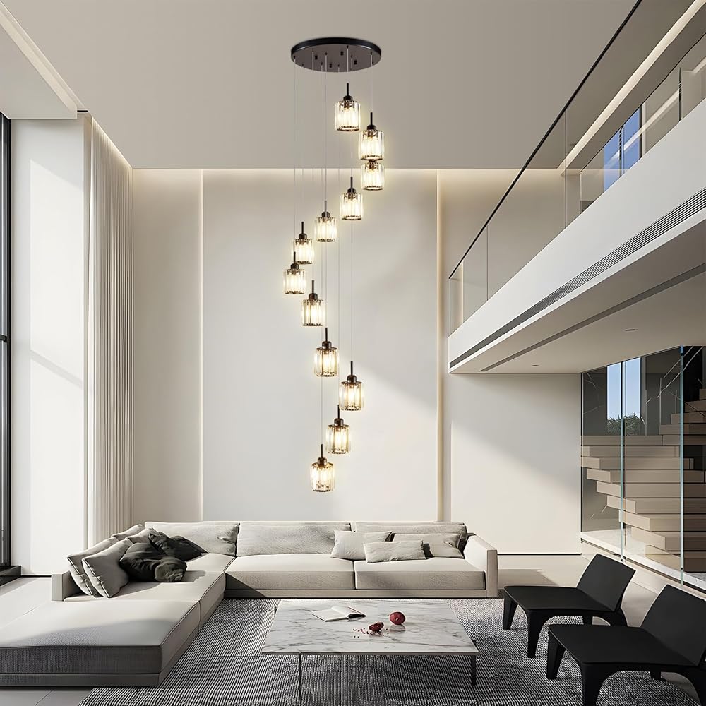 Black Chandelier-12-Lights Staircase Chandelier for Living Room Hight Ceiling Foyer Pendant Lighting Fixture Modern Raindrop Crystal Chandelier Spiral Stairwell Lighting