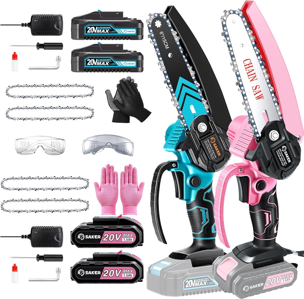 Saker Mini Chainsaw,6 Inch Portable Electric Chainsaw Cordless Blue and Pink
