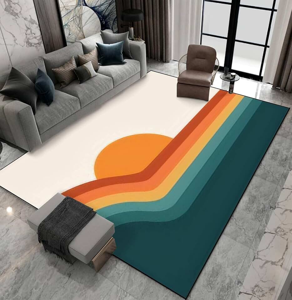 Large Area Rugs 7x10ft, Retro 70s Sunset Bedroom Rug, Abstract Rainbow Stripe Wave Background Indoor Large Living Room Carpet, Soft and Comfortable for Living Room Office Dining Indoor Outdoor