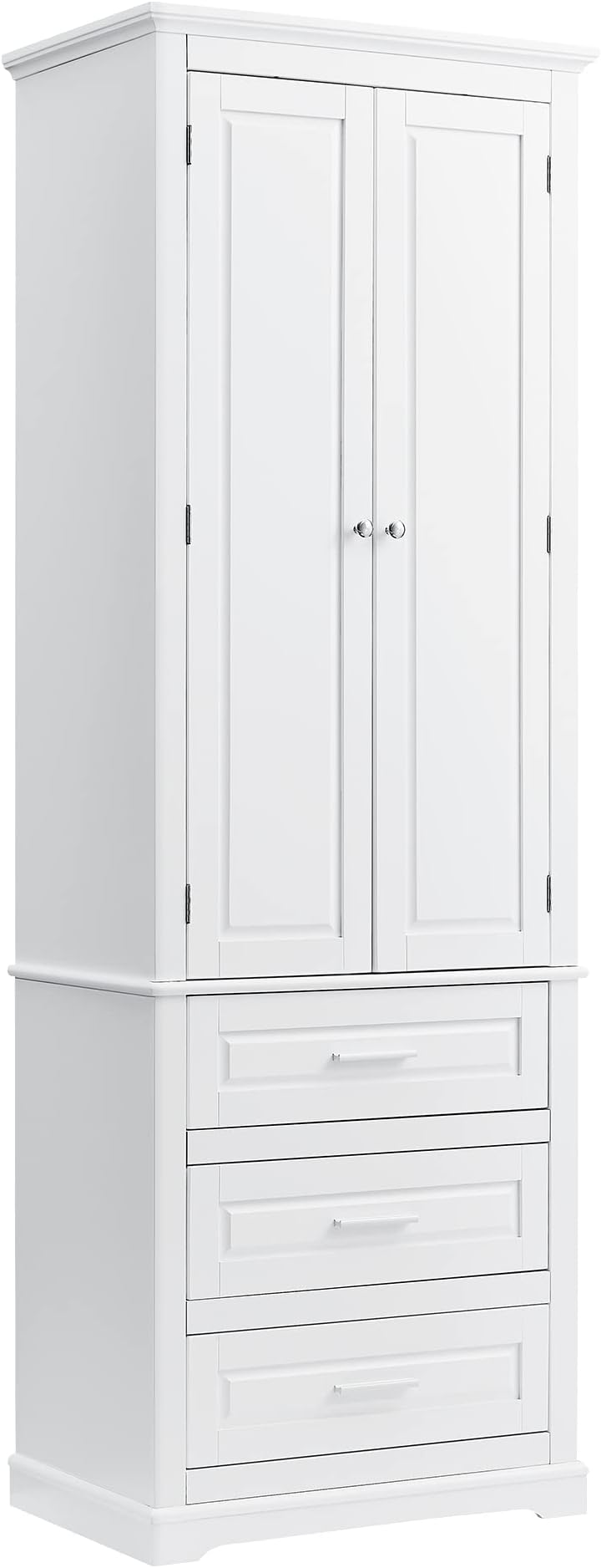 Merax Tall Storage Cabinet with Doors and 3 Drawers, Kitchen Pantry Cupboard, Open Bookcase Freestanding Organizer Display for Bathroom or Office, White