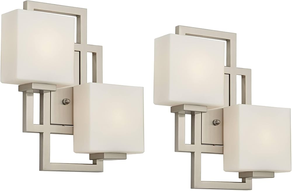 Possini Euro Design Lighting on The Square Modern Wall Light Sconces Set of 2 Brushed Nickel Hardwired 13 3/4