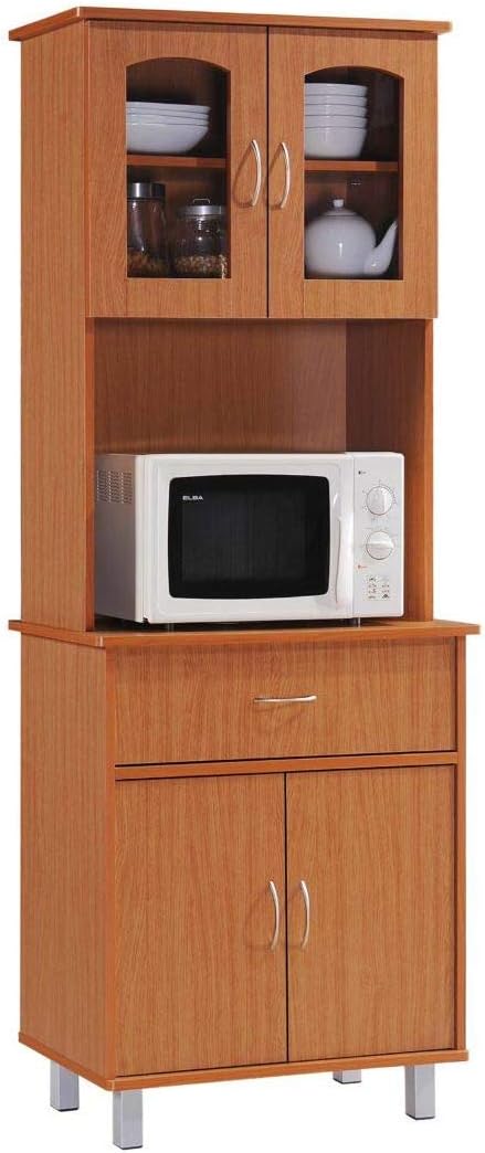 HODEDAH IMPORT Long Standing Kitchen Cabinet with Top & Bottom Enclosed Cabinet Space, One Drawer, Large Open Space for Microwave, Cherry