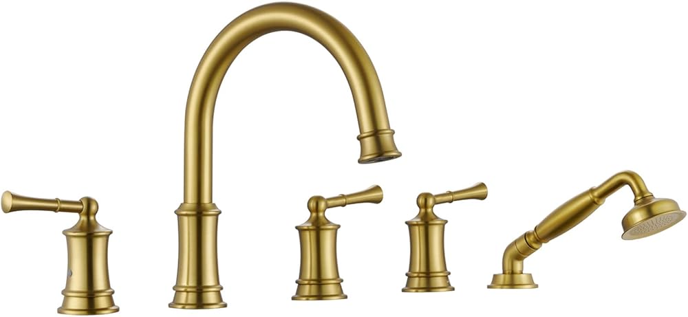 Bathtub Faucet, 5 PCS Deck Mount Antique Tub Faucet 2-Lever Handles, 70'' handheld shower, Brass rough-in valve, 360°Swivel Spout, High water flow for bathtub, Brush Gold(B2309-BG)