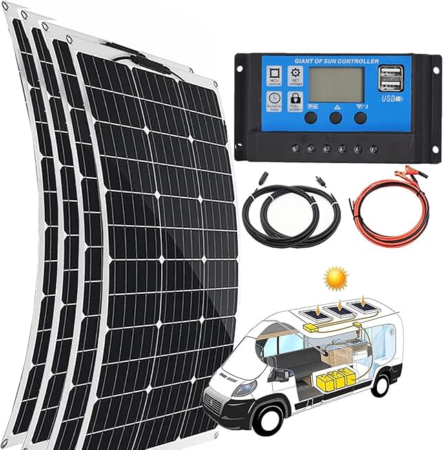 Semi-Flexible Solar Panels(150w/300w/450w/600w), Waterproof Battery Charger 40a, 12v Battery Energy Charging, Easy Installation, for Boat, Car, House, Garden, Shed,600W