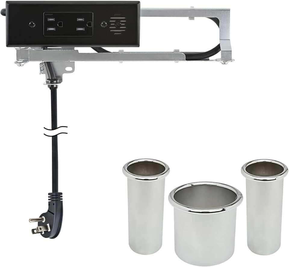 In-Drawer Outlet & Canister Tube Bundle | Docking Drawer Blade (2AC Outlets) | Chrome Tube Canisters (3, 2, 2