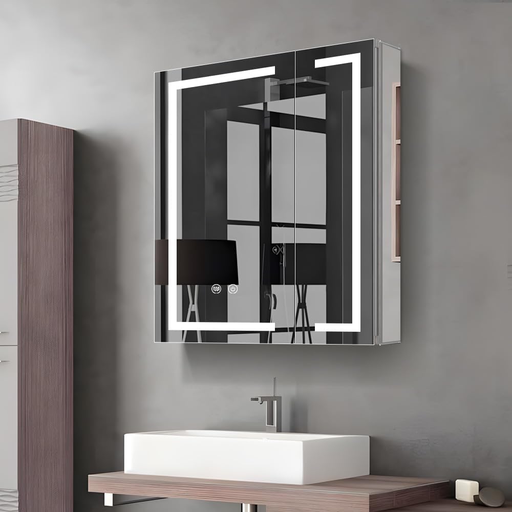 LED Medicine Cabinet,Bathroom Mirror Cabinet with Lights,24×28inch,Equip with Internal Light,Aluminum Construction,USB Shaver Socket,3 Color,Dimmer,Demister,Surface Mounted and Recess Mounted