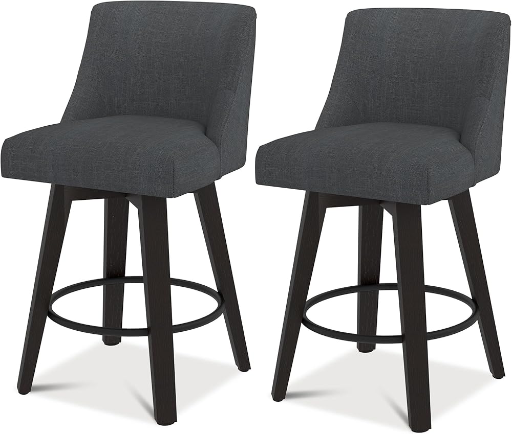 Counter Height Bar Stools Set of 2, Modern Upholstered Swivel Bar Stools with Back and Solid Wood Legs for Kitchen Island, 26 Inch Seat Height, Fabric in Charcoal Grey