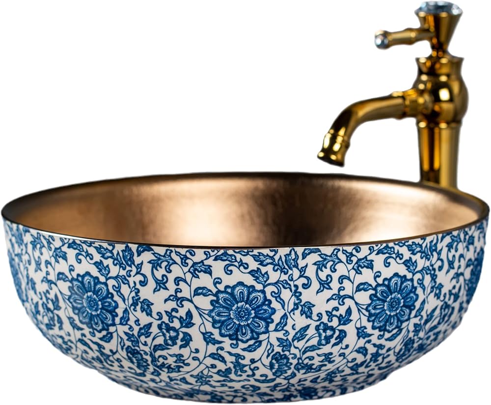 Bathroom Vessel Sinks Retro Style Blue and White Porcelain Art Ceramic Round Sink Bowl for Vanity Top