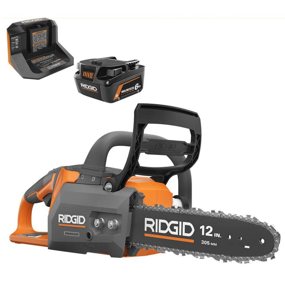 RIDGID R01101K 18V Brushless 12 in. Electric Chainsaw Kit   6.0 Ah MAX Battery, Charger Included